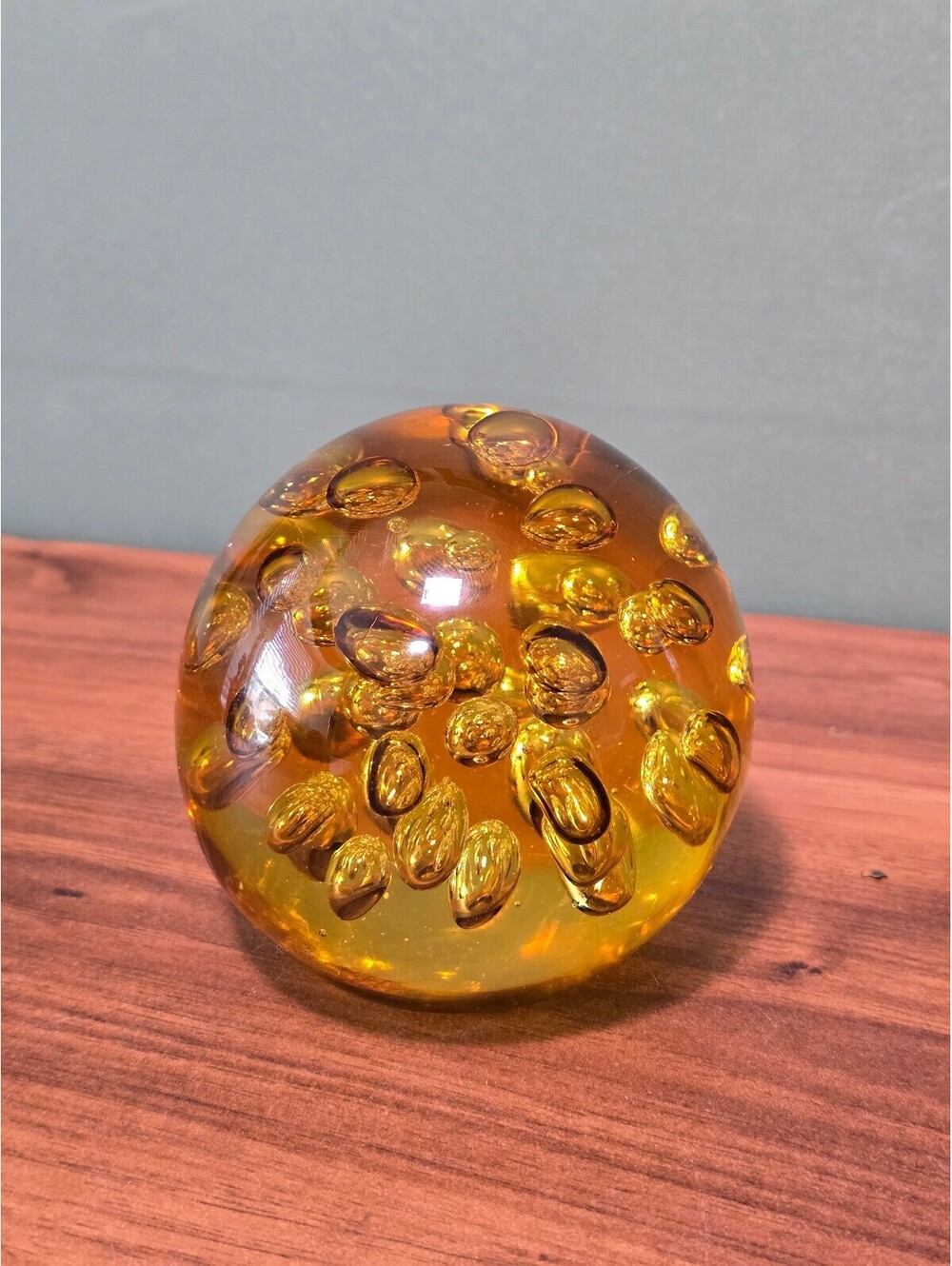 Vintage Amber Art Glass Paperweight, Bullicante Controlled Bubble Orb
